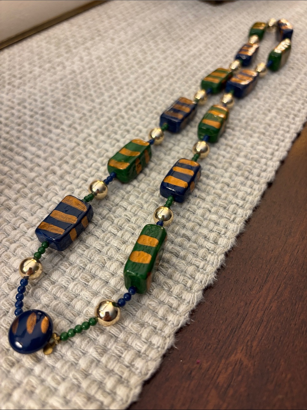 Vintage Japan Handcrafted Blue & Green Striped Bead Necklace!